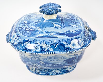 Lot 86 - Large early 19th century blue and white soup tureen and cover, printed with the Gamekeeper pattern, printed pattern mark to base, 37cm across