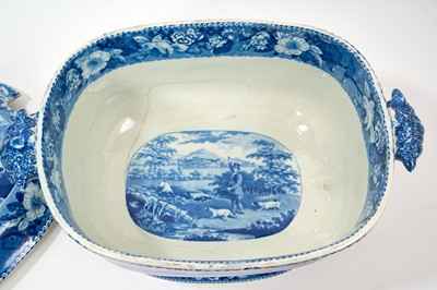 Lot 86 - Large early 19th century blue and white soup tureen and cover, printed with the Gamekeeper pattern, printed pattern mark to base, 37cm across