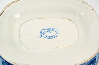 Lot 86 - Large early 19th century blue and white soup tureen and cover, printed with the Gamekeeper pattern, printed pattern mark to base, 37cm across