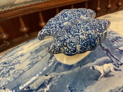 Lot 86 - Large early 19th century blue and white soup tureen and cover, printed with the Gamekeeper pattern, printed pattern mark to base, 37cm across