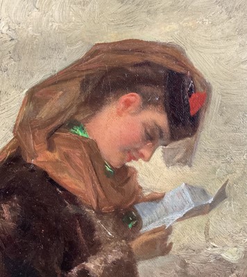 Lot 1137 - Victorian English School oil on canvas - 'A Winter Letter', indistinctly signed and dated, 54cm x 43cm, in gilt frame