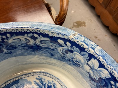 Lot 87 - Rare early 19th century blue and white foot bath, printed with Llanthony Abbey, Monmouthshire, alongside various castle ruin prints and a pineapple border, titled stamp mark to base with additio...
