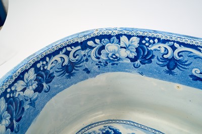 Lot 87 - Rare early 19th century blue and white foot bath, printed with Llanthony Abbey, Monmouthshire, alongside various castle ruin prints and a pineapple border, titled stamp mark to base with additio...