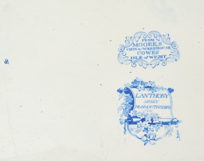Lot 87 - Rare early 19th century blue and white foot bath, printed with Llanthony Abbey, Monmouthshire, alongside various castle ruin prints and a pineapple border, titled stamp mark to base with additio...