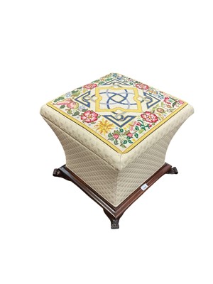 Lot 1350 - William IV box stool with concave sides and swept feet, top with embroidered panel