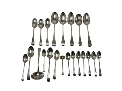 Lot 233 - Selection of Georgian and later silver flatware, including 5 tablespoons, 6 dessert spoons, 9 teaspoons, a sauce ladle and a condiment spoon (various dates and makers). All at approximately 25o...