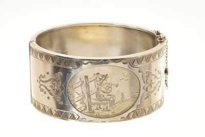 Lot 514 - Victorian silver cuff bangle in original case, Little Boy Blue sitting on gate