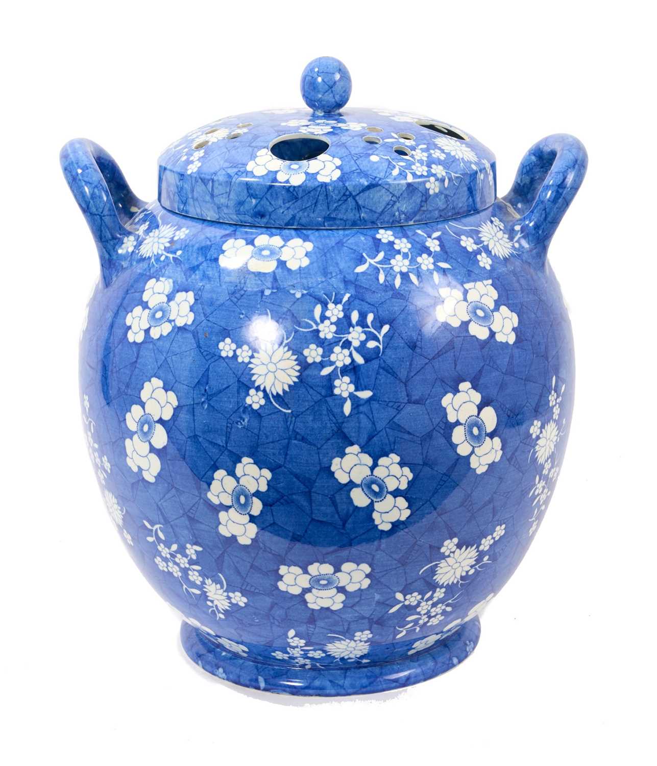 Lot 89 - Early 19th century blue and white Spode pot pourri of very large size, of ovoid form with pierced and internal covers, printed in Marble, Cracked Ice and Prunus, 36cm high
