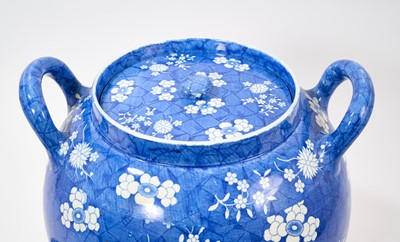 Lot 89 - Early 19th century blue and white Spode pot pourri of very large size, of ovoid form with pierced and internal covers, printed in Marble, Cracked Ice and Prunus, 36cm high