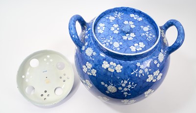 Lot 89 - Early 19th century blue and white Spode pot pourri of very large size, of ovoid form with pierced and internal covers, printed in Marble, Cracked Ice and Prunus, 36cm high