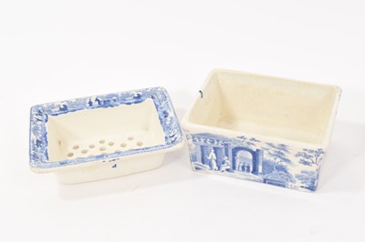 Lot 90 - Three early 19th century blue and white printed items, including a soap dish and pierced cover in the Caramanian pattern, marked Copeland & Garrett, a small blue and white patty pan in the C...