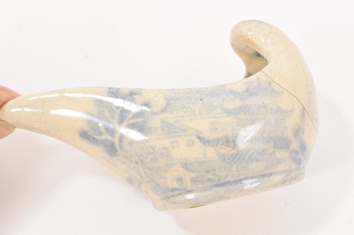 Lot 90 - Three early 19th century blue and white printed items, including a soap dish and pierced cover in the Caramanian pattern, marked Copeland & Garrett, a small blue and white patty pan in the C...