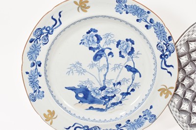 Lot 91 - Group of blue and white printed items including two Spode plates, a Spode basket stand, a sauce tureen base in Wild Rose pattern, etc (5)