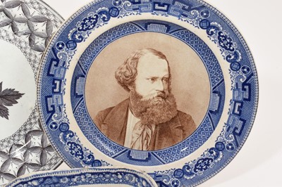 Lot 91 - Group of blue and white printed items including two Spode plates, a Spode basket stand, a sauce tureen base in Wild Rose pattern, etc (5)