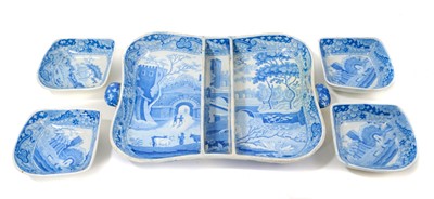 Lot 94 - Early 19th century Spode blue and white twin-handled pickle set / hors d'oeuvre dish, of shaped square form, printed with the Castle pattern, with four dishes and central divider, 28.5cm wide