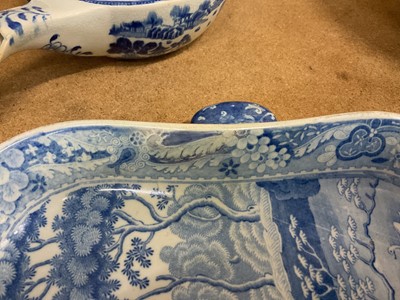 Lot 94 - Early 19th century Spode blue and white twin-handled pickle set / hors d'oeuvre dish, of shaped square form, printed with the Castle pattern, with four dishes and central divider, 28.5cm wide