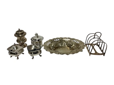Lot 235 - Selection of miscellaneous Victorian and later silver, including a pair of mustards and one other, a salt, toast rack and an oval dish (various dates and makers). All at approximately 12ozs. (6)