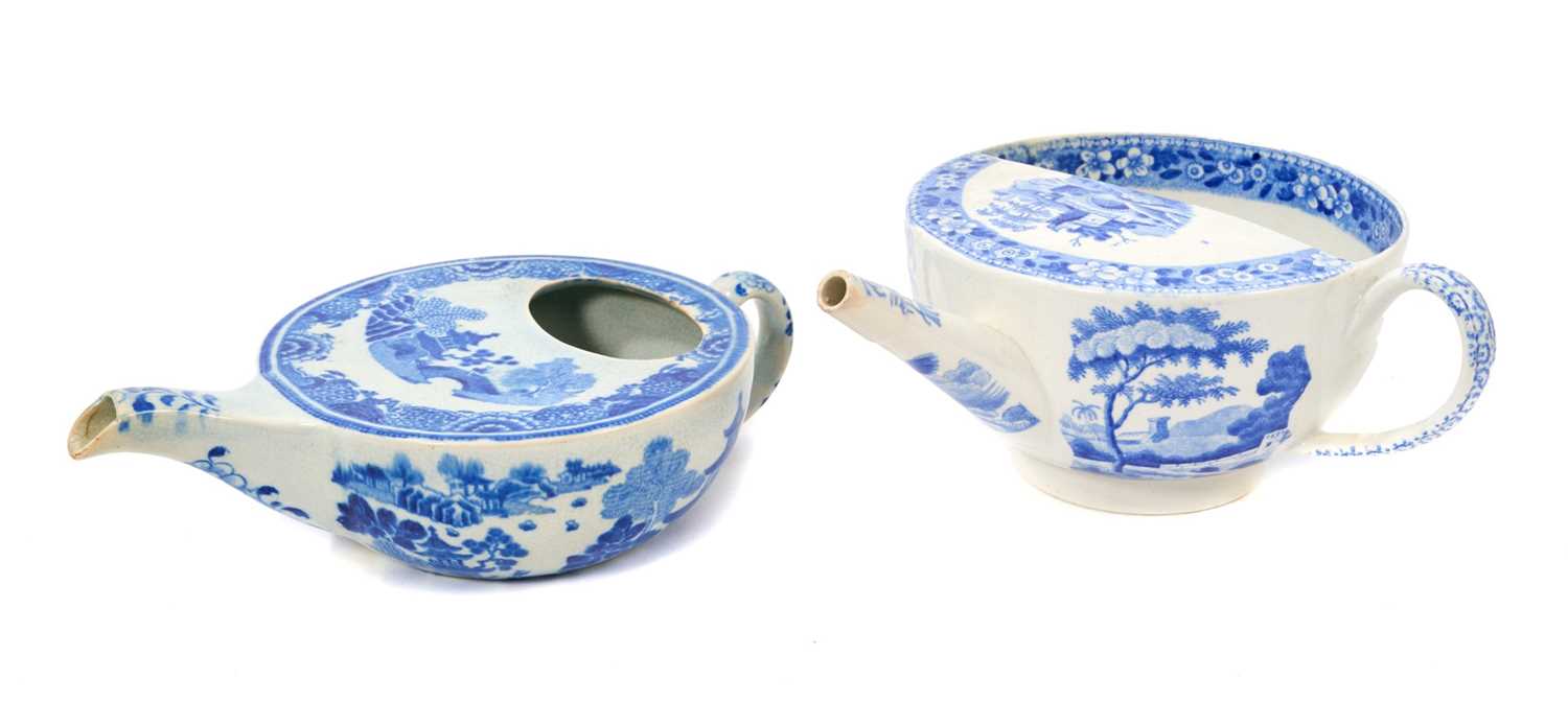 Lot 95 - Early 19th century pair of Spode blue and white invalid feeder/s, one printed with Queen Charlotte, the other with the Tower pattern, both with stamped marks, 18.5cm and 20cm across