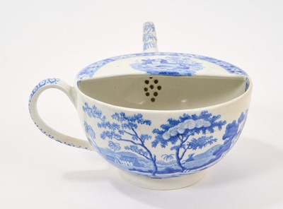 Lot 95 - Early 19th century pair of Spode blue and white invalid feeder/s, one printed with Queen Charlotte, the other with the Tower pattern, both with stamped marks, 18.5cm and 20cm across