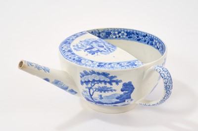 Lot 95 - Early 19th century pair of Spode blue and white invalid feeder/s, one printed with Queen Charlotte, the other with the Tower pattern, both with stamped marks, 18.5cm and 20cm across