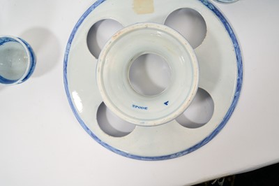 Lot 96 - Early 19th century Spode blue and white egg cruet, printed in the Bridge of Lucarno pattern, printed 'Spode' mark to all pieces, the stand 19cm diameter