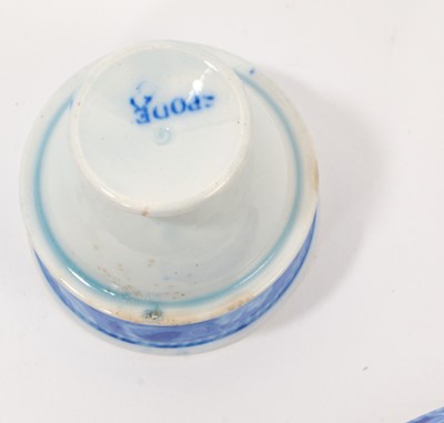 Lot 96 - Early 19th century Spode blue and white egg cruet, printed in the Bridge of Lucarno pattern, printed 'Spode' mark to all pieces, the stand 19cm diameter