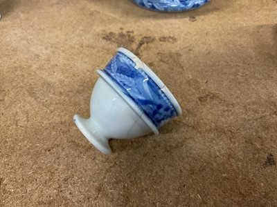 Lot 96 - Early 19th century Spode blue and white egg cruet, printed in the Bridge of Lucarno pattern, printed 'Spode' mark to all pieces, the stand 19cm diameter