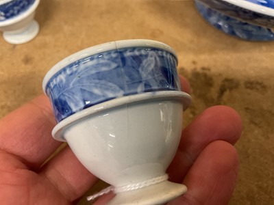 Lot 96 - Early 19th century Spode blue and white egg cruet, printed in the Bridge of Lucarno pattern, printed 'Spode' mark to all pieces, the stand 19cm diameter