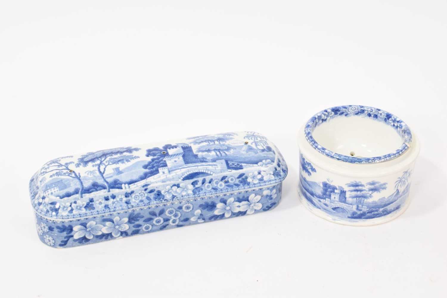 Lot 97 - Early 19th century blue and white toothbrush box and cover printed in the Tower pattern, together with an unusual open soap dish in the same pattern, both with printed marks