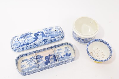 Lot 97 - Early 19th century blue and white toothbrush box and cover printed in the Tower pattern, together with an unusual open soap dish in the same pattern, both with printed marks