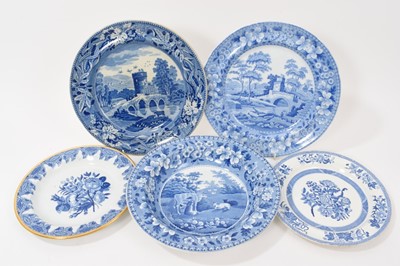 Lot 98 - Five early 19th century Spode blue and white plates, including Bridge of Locarno, Tower, Milkmaid, Group and rare Van Dyke patterns