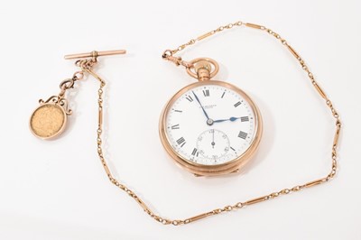 Lot 584 - 1930s J.W. Benson 9ct gold cased pocket watch with a 9ct gold watch chain and gold half sovereign fob