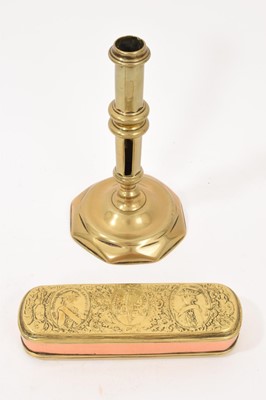 Lot 901 - 18th century Dutch brass and copper tobacco box and an 18th century candlestick