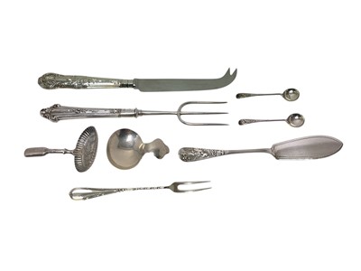 Lot 336 - Victorian butter knife decorated with kingfisher, silver pickle fork, silver bread fork, etc.