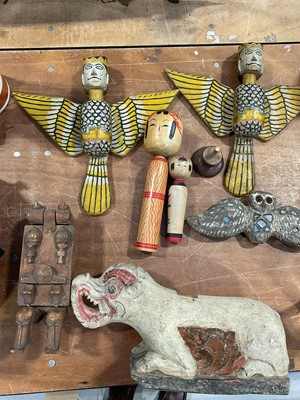 Lot 5049 - Group of Eastern items including a pair of carved wood and painted winged figures, Chinese dolls, set of scales, etc