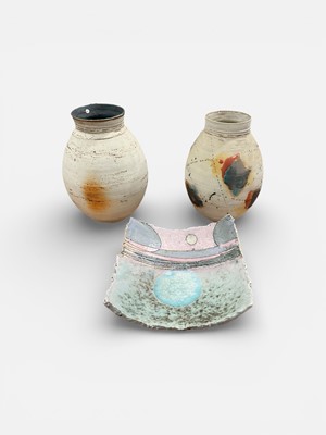 Lot 5050 - Three stylish pieces of studio pottery, including two vases and a square bowl