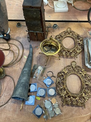 Lot 5054 - Sundry items, including a candle holder in the form of a carriage, pair of gilt metal frames, brass inkstand, coins, etc