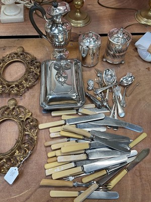 Lot 5055 - Group of silver plate, including two jars with glass liners, claret jug, flatware and a tureen