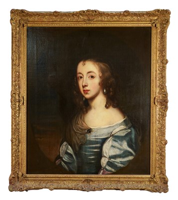 Lot 1011 - Follower of Sir Anthony Van Dyck (1599-1641) Portrait of a young lady, head and shoulders, wearing a blue satin dress embellished with pearls, in a feigned oval Oil on canvas, 73cm by 62cm. Purc...