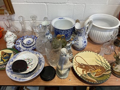 Lot 5066 - Group of ceramics, glass and other items, including a Devon pottery crayfish charger, decanters, etc