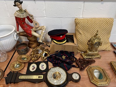 Lot 5067 - Sundry items, including a large figure of a musician, military uniform, brass mantel clock, etc