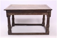 Lot 1282 - Oak refectory table, cleated plank top on gun...