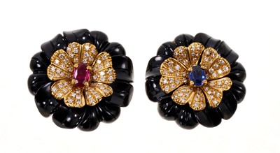 Lot 487 - Pair of diamond, ruby, sapphire and carved black onyx flower earrings, by Capello