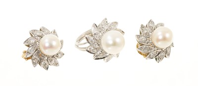 Lot 489 - Pair of diamond and cultured pearl earclips and cocktail ring