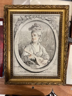 Lot 5086 - Group of prints, including a soft engraving of a woman playing the lute after Gilles Demarteau, engraving of Calais, one of Siamese figures and another of Nagkon Wat