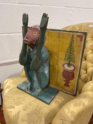 Lot 5087 - Carved and painted monkey wall bracket / hanging, 47cm high x 42cm wide