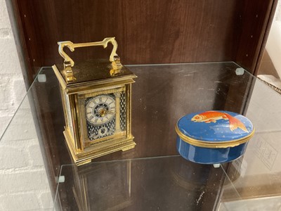 Lot 5089 - Limited edition Halcyon Days miniature carriage clock (8/200) and a Halcyon Dyas fish box (2)