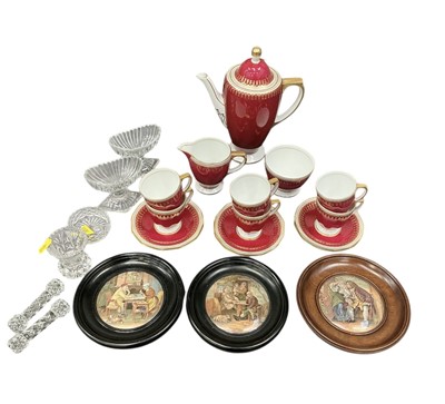 Lot 5146 - Spode Ryde pattern coffee set, pair of Georgian cut glass salts, pratt ware pot lids and other glass.