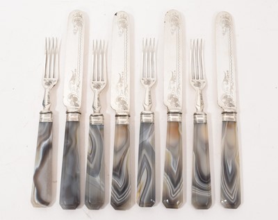 Lot 823 - Two pairs of Victorian silver plated knives and forks, with polished agate handles, (8)
