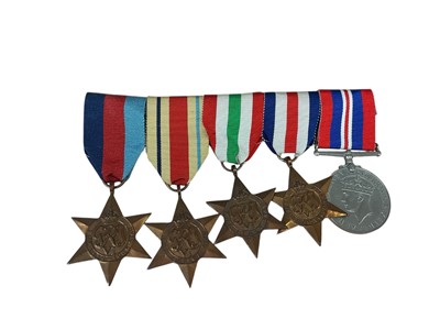 Lot 5 - Second World War medal group comprising 1939 - 1945 Star, Africa Star, Italy Star, France and Germany Star and War medal (mounted on bar).